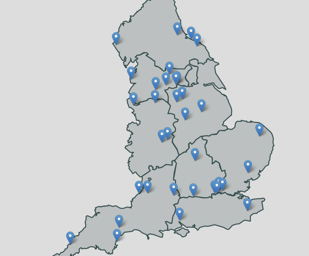 Image showing a map of the UK with pins showcasing the English hub locations